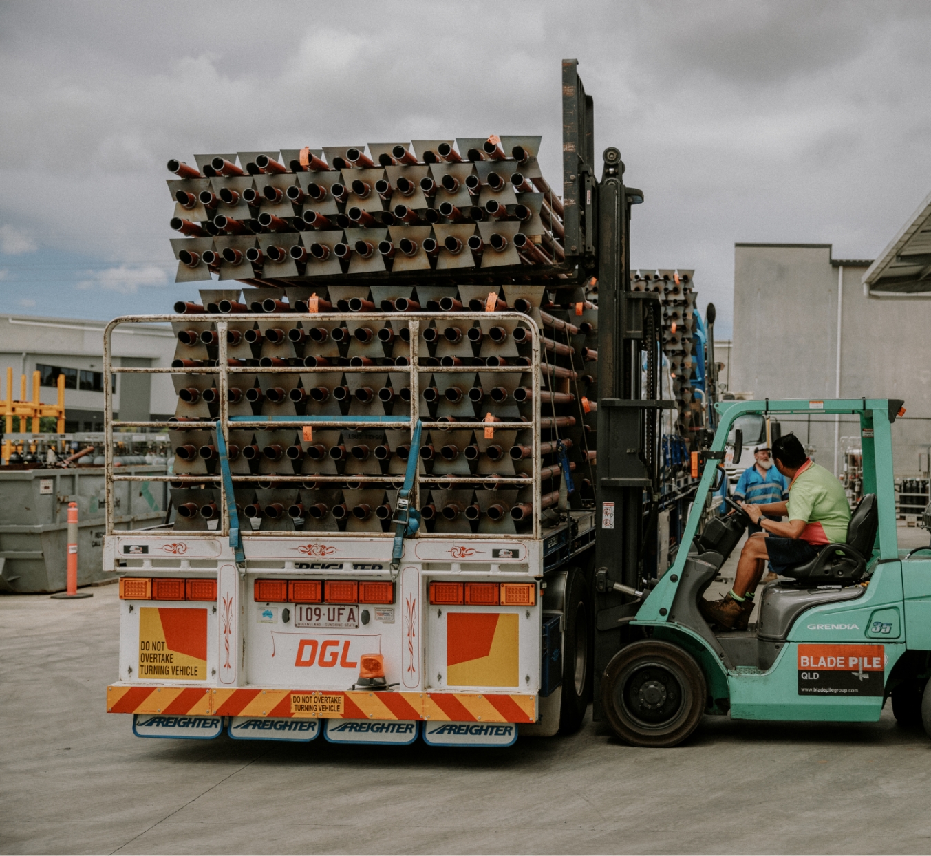 Screw piles loaded onto a truck